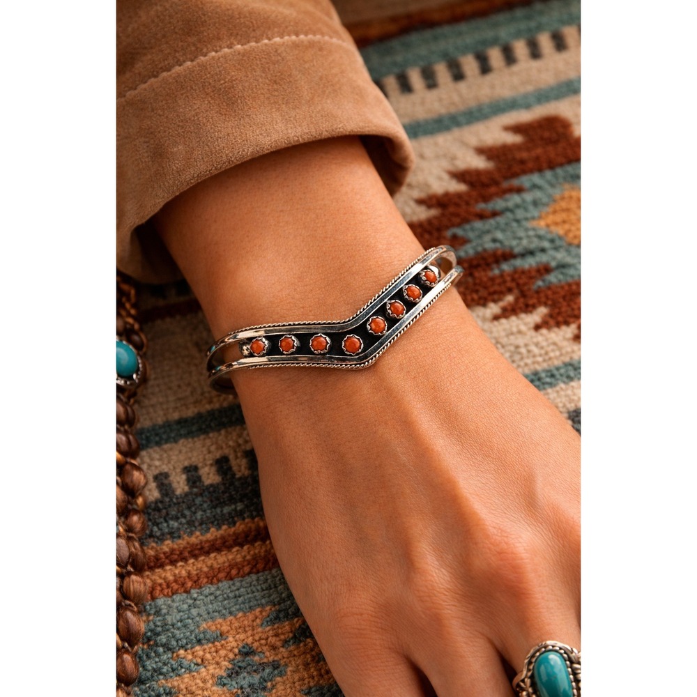 Zuni Sterling Silver & Coral Dots Chevron Cuff Bracelet Size 6.5 in. Jewelry **